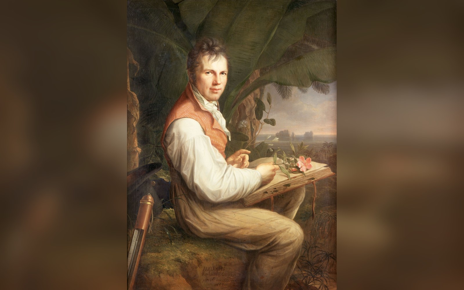 Painted portrait of a man seated among tropical foliage, examining plant specimens on a wooden board